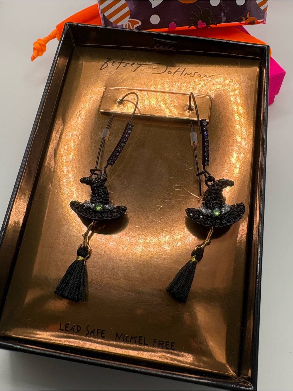 Betsey Johnson Black Witch Hat Tassel Earrings with Green Accent